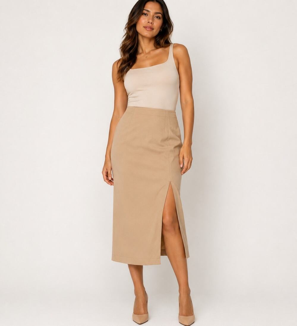 Dress barn Tan Beige Faux Suede Maxi Skirt Front Slit Women's Size 12